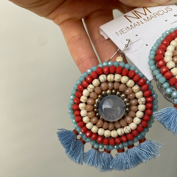Neiman Marcus Statement Fran Drop Fringe Round Stone Bead Blue Red Cream NWT box - Picture 11 of 15